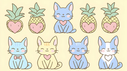 Adorable pastel cats and pineapples with hearts, cheerful illustration for children's products or social media