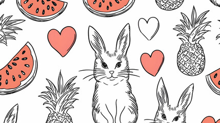 Cute bunny surrounded by watermelon and pineapple slices, hearts, summer pattern. Ideal for textile prints, cards, or summer-themed designs