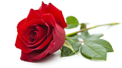 Fototapeta premium Single Red Rose With Green Leaves Resting on a White Surface, Symbolizing Love and Beauty
