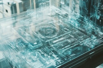 Obraz premium Futuristic technology interface high-tech lab digital artwork transparent environment aerial view innovation concept