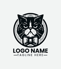 Grumpy Hipster Cat Logo Design, Sourpuss Cat Logo, Moody Feline Logo, Hipster Kitty Logo, Coffee Shop Cat Mascot