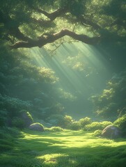 Sunlit meadow in forest with light rays through trees. Landscape use