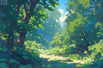 Sunlit path in forest with trees, shrubs, bright sky in background