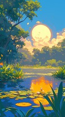 Sunlit pond with lily pads in forest, used for background