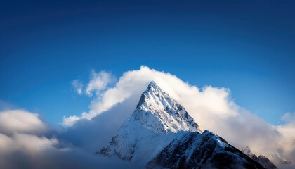 Majestic mountain peak rising above clouds, symbolizing enlightenment and higher truth