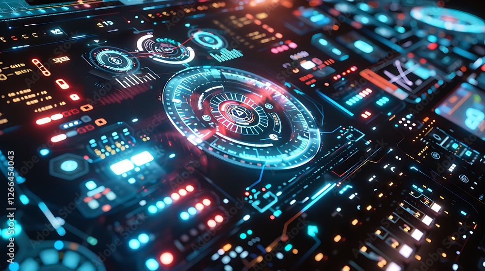 Aufkleber close-up view of a futuristic digital dashboard showcasing advanced technology. glowing blue and red