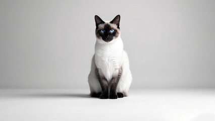 A Siamese cat sits looking forward. The cat has seal point markings on its face, paws, and tail with bright blue eyes.