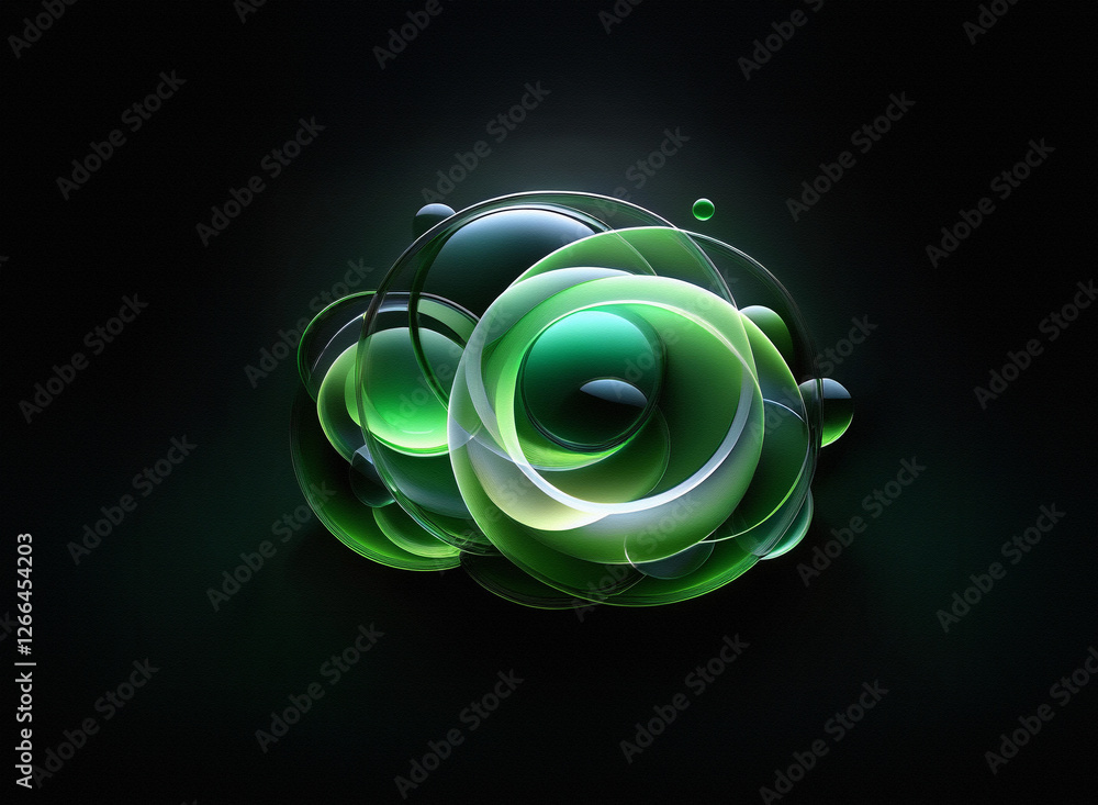 Poster a cluster of green and transparent spheres creates an abstract and modern design on a dark backgroun