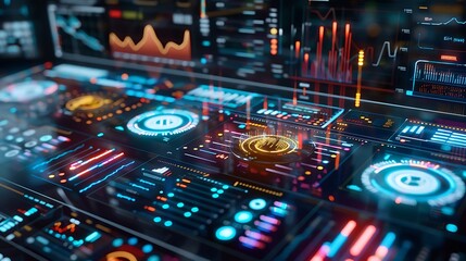 Futuristic digital dashboard with glowing interfaces displaying data and graphics.