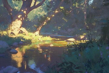 Sunlit stream, trees, stones, water reflecting in forest illustration
