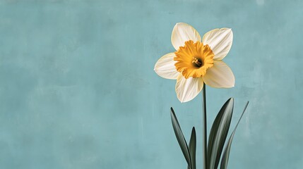Obraz premium Beautiful Daffodil Stands Tall Against a Soft Blue Background Highlighting Spring's Arrival With Its Vibrant Colors