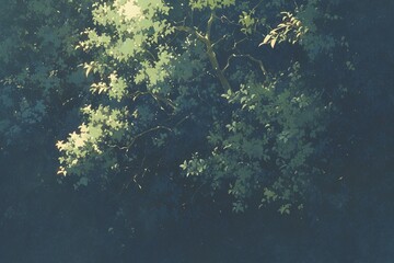 Sunlit tree foliage over dark ground; use for backgrounds, wallpapers