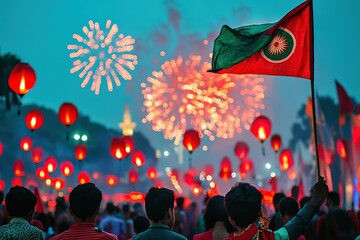 A vibrant and action-packed celebration of Bangladesh Independence Day on March 26, with the red and green Bangladeshi flag flying prominently in the breeze.