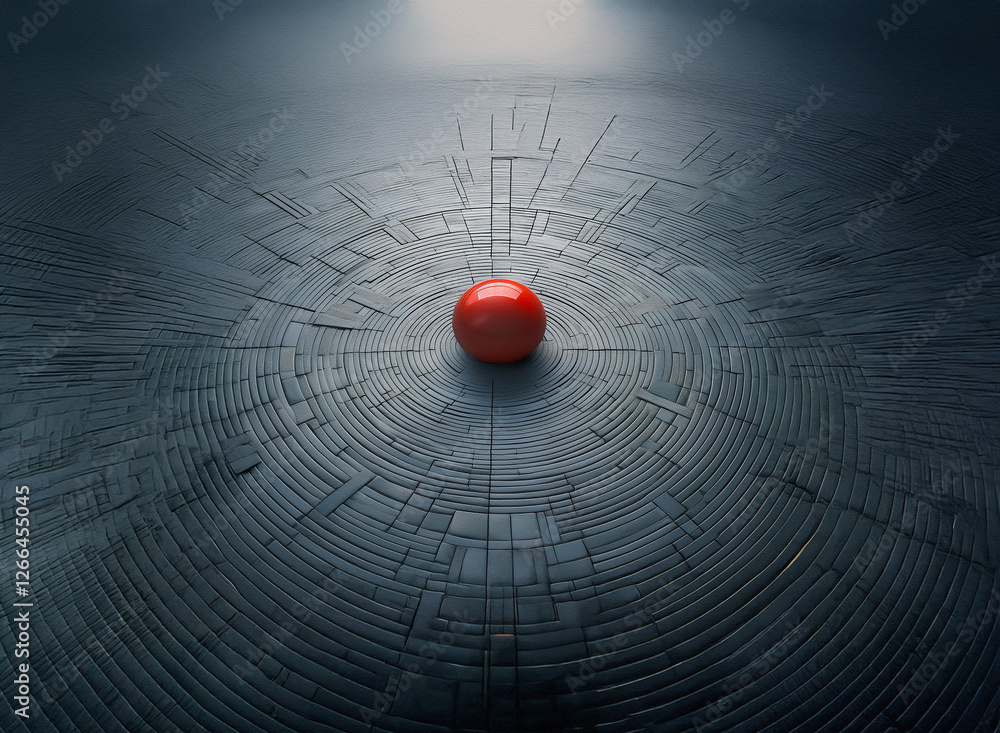 Poster a vibrant red sphere sits centrally against a textured, radial background, creating a stark contrast