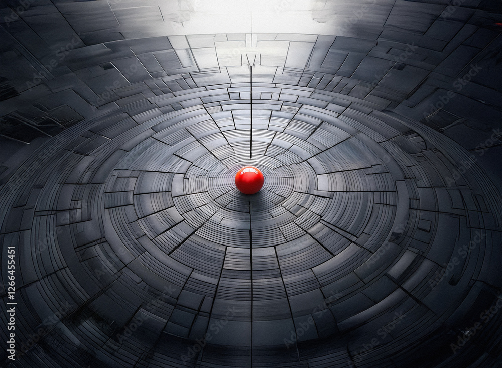 Aufkleber a vibrant red sphere rests centrally on a textured, circular, gray background with radiating lines, 
