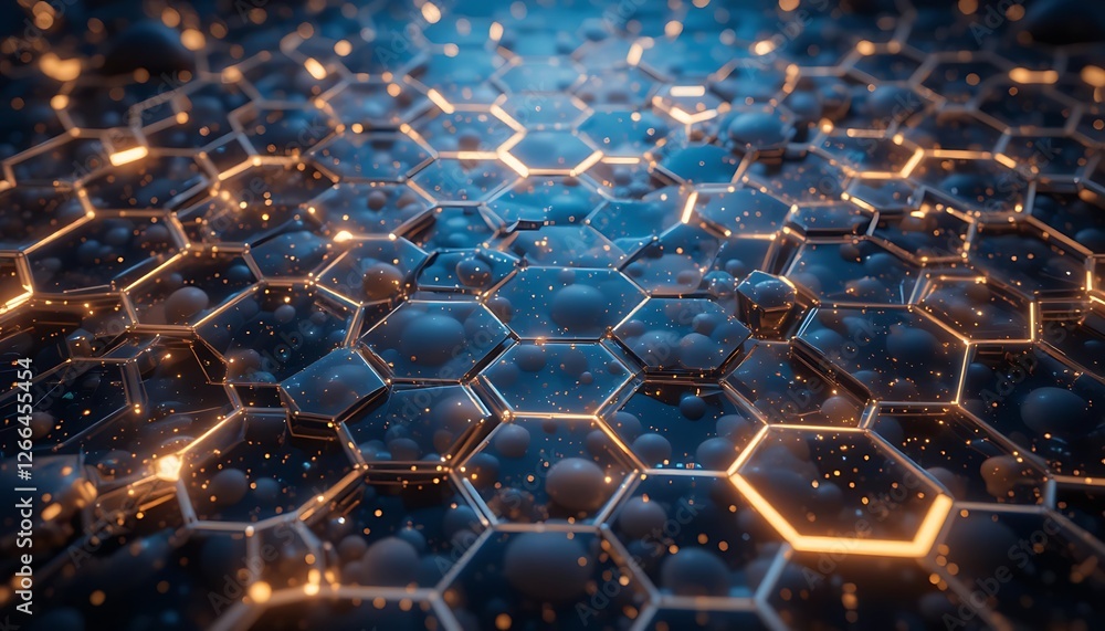 Poster luminous hexagons, an abstract network of connectivity and sparkle
