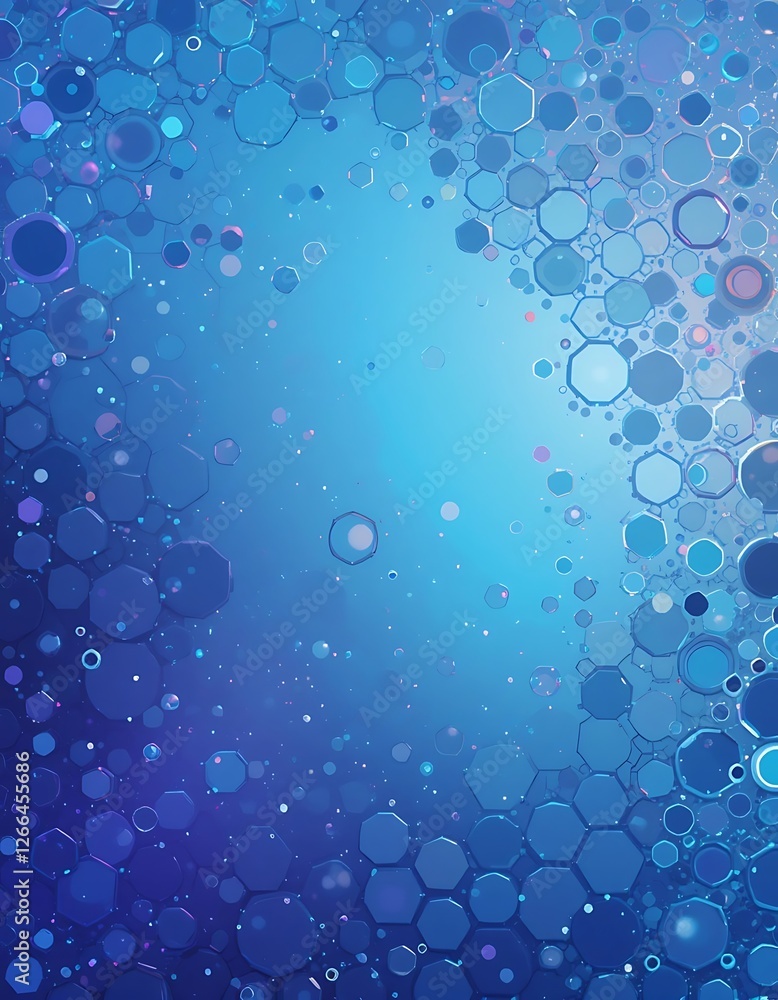 Poster translucent hexagons and spheres floating in a gradient blue dreamscape