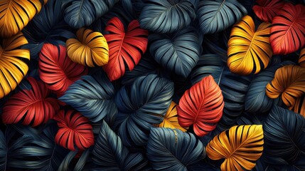 Vibrant tropical leaves in various colors creating a lush, textured background suitable for design