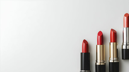 Red lipstick shades arranged on white background, copy space, beauty product, makeup, cosmetics