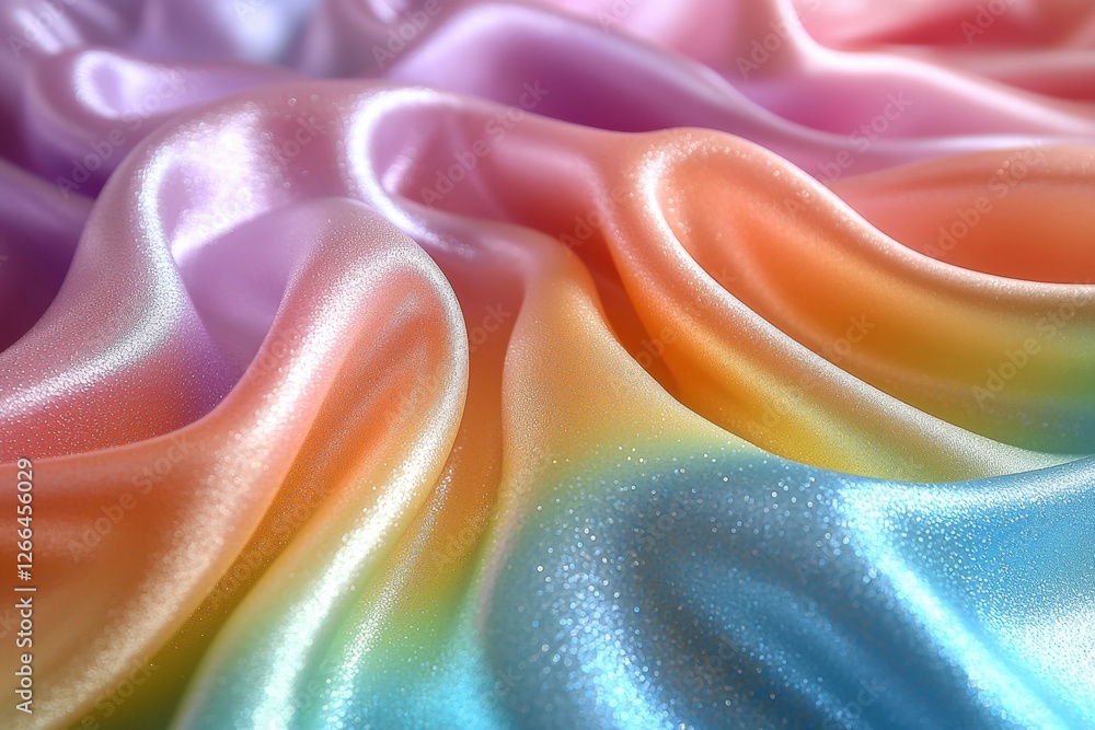 Poster a closeup view of a shimmering rainbowcolored fabric with intricate patterns and textures