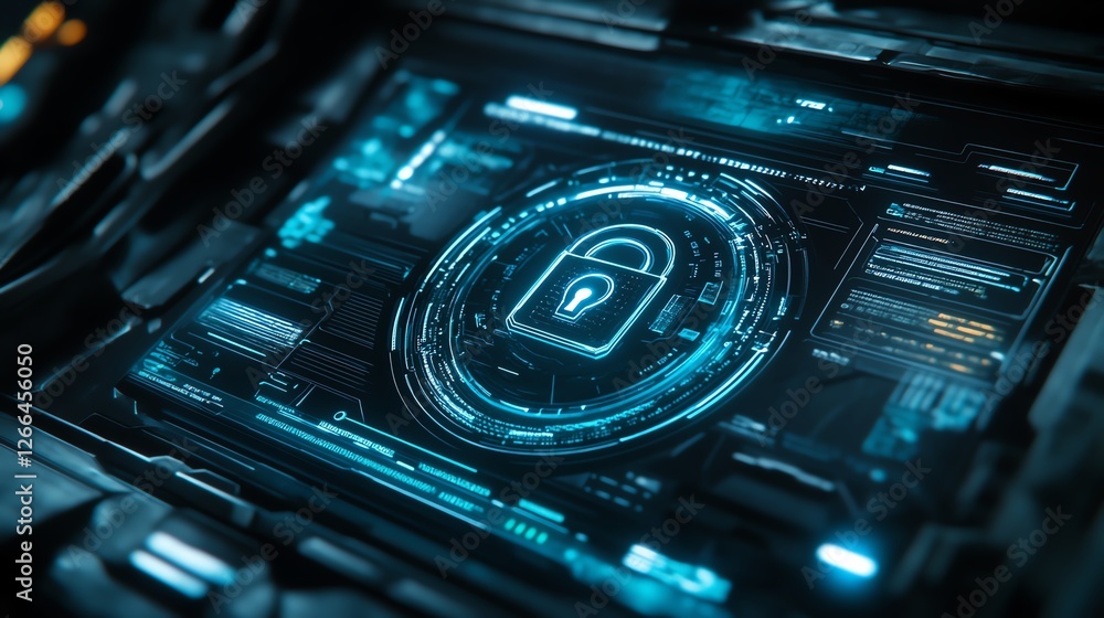 Poster advanced security interface displaying padlock symbol with futuristic design and glowing elements