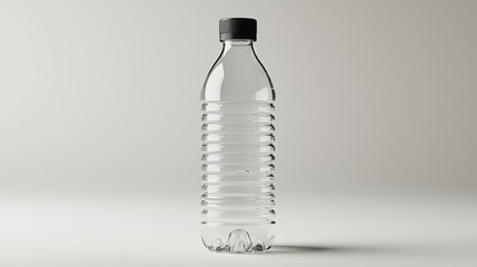 Bottle of water with a black cap placed on a wooden table in natural light environment