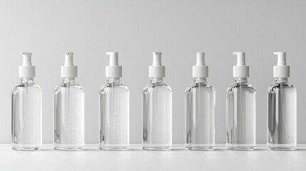 Row of clear plastic bottles with white caps arranged neatly on a white background