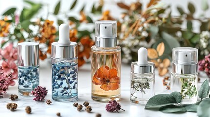 Variety of perfume bottles arranged with colorful flowers in a soft background for a vibrant display