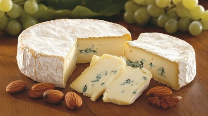 Delicious cheese platter featuring creamy cheese, grapes, and almonds on a wooden table