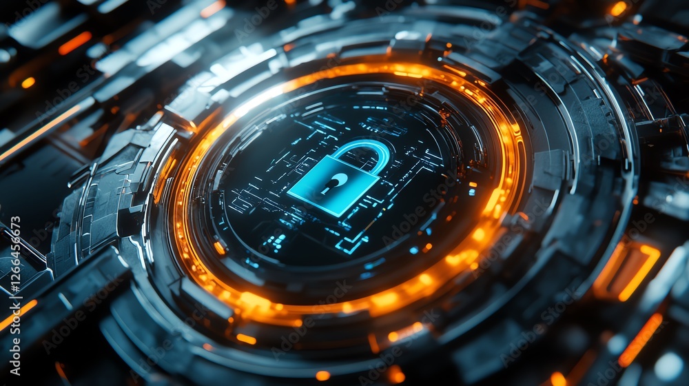 Poster digital lock symbol in a futuristic technological setting with glowing circuitry at night