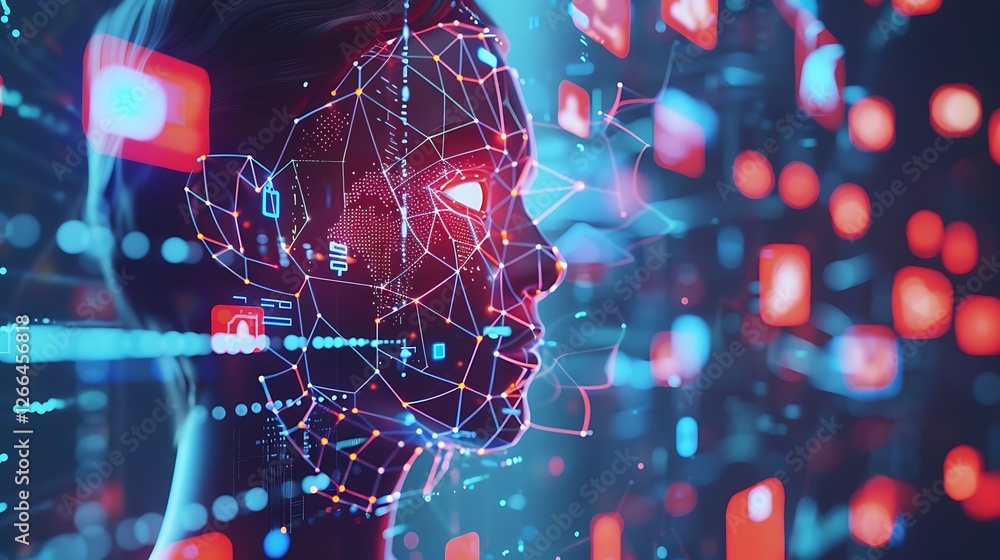 Poster abstract digital face embedded in social media icons. representing ai metaverse and modern technolog
