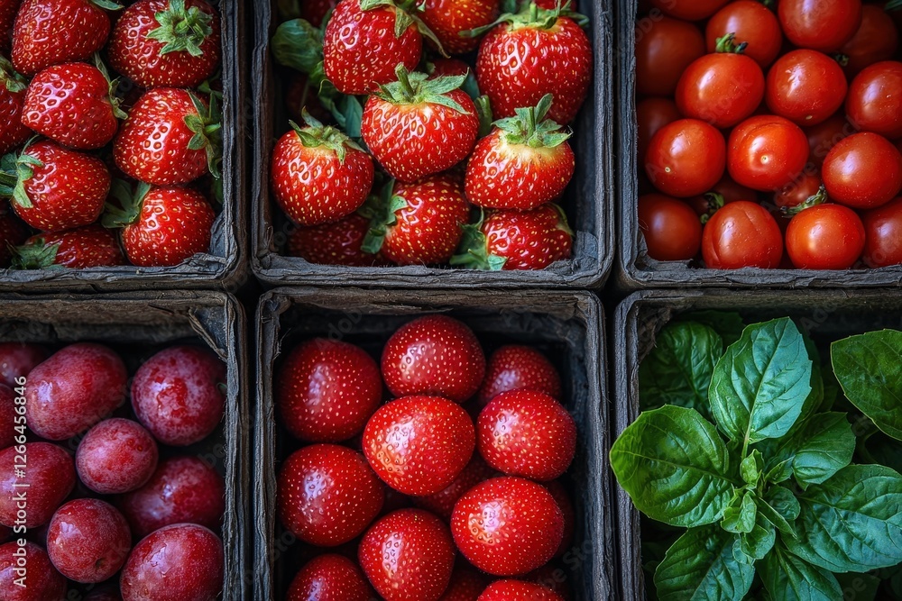 Poster assorted fresh and colorful fruits artfully arranged in a rustic wooden box display