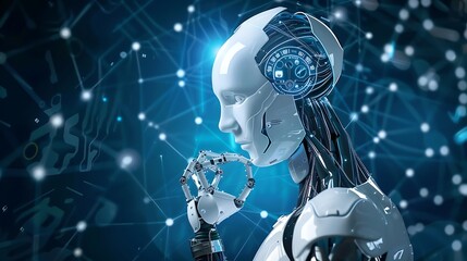 Thoughtful AI robot contemplates the future.  Digital networks illuminate the background.