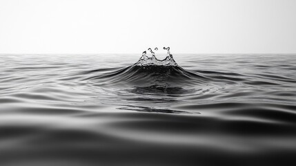 A serene black and white image capturing a water splash in calm ocean waves, evoking tranquility