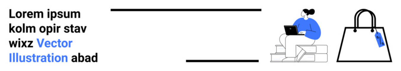 Woman sitting on steps using a laptop, exploring online shopping with a nearby bag. Ideal for e-commerce, online shopping, digital marketing, fashion, technology, lifestyle, flat landing page banner