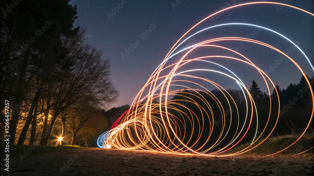 Poster illuminated light trails swirling in dynamic patterns at night