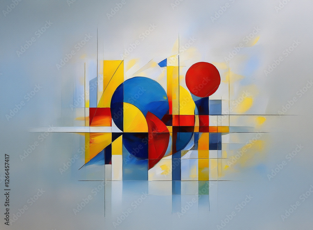 Poster abstract geometric composition with red, blue, and yellow shapes. a soft gradient background in ligh