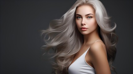 Naklejka premium Stunning Blonde Woman with Long Flowing Wavy Hair in Studio Portrait