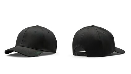Fototapeta premium Black snapback cap front and back mockup on a white background, with no text or logo on the hat.