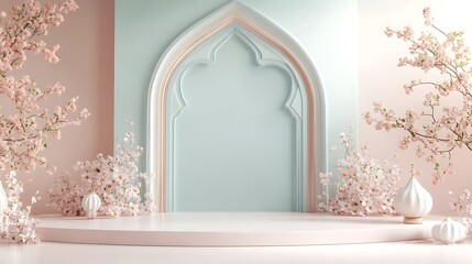 Pastel pink and blue archway with blooming cherry blossoms and podium.