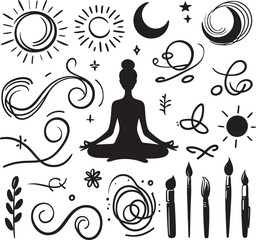 Yoga, sun, moon, and art elements.