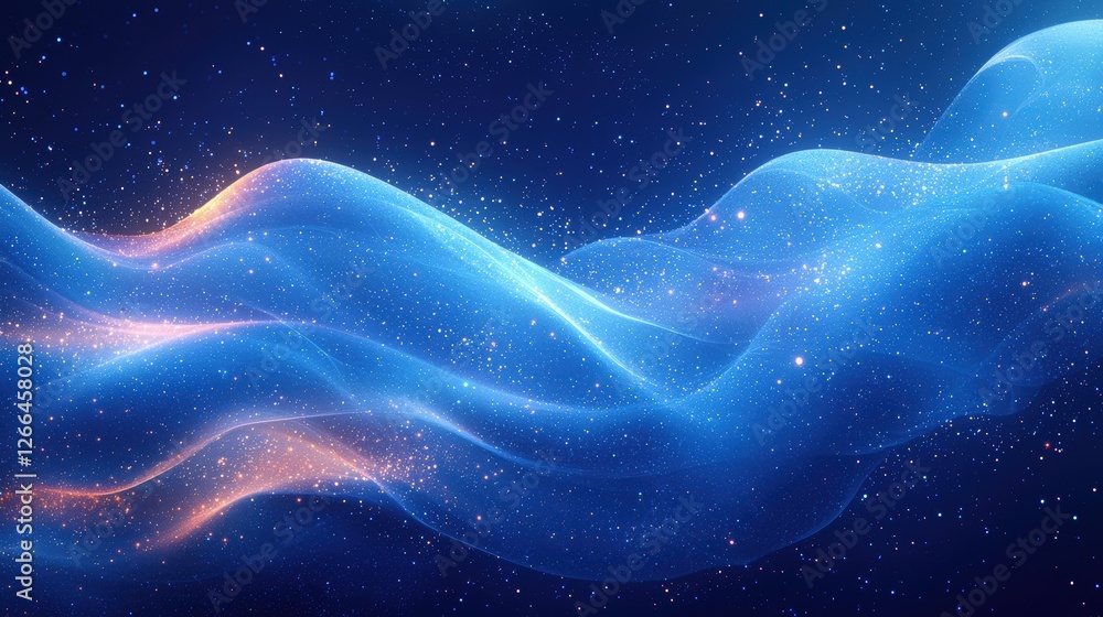 Poster a flowing abstract design with glowing waves and starry background.