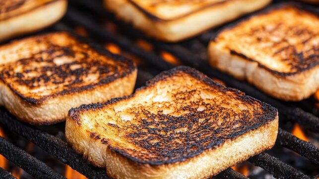 Charred Toast with Visible Blackened Areas Highlighting Potential Acrylamide Risks in Food, Cooking Process Captured with Gigapixel Clarity