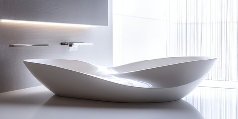 Modern minimalist bathroom features a white curved bathtub design