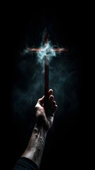Hand Holding Cross Mystical Smoke Faith Spirituality Religious Symbol Dark Background Hope Belief