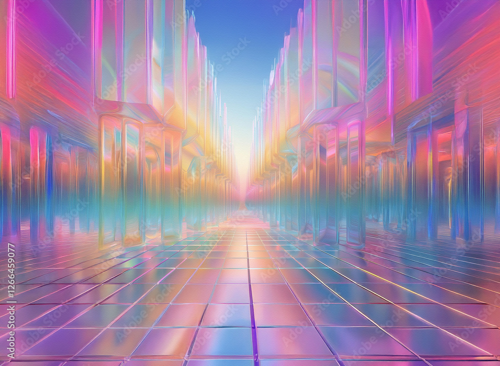 Poster a dreamy abstract background with a perspective corridor view in pastel rainbow hues. ethereal scene