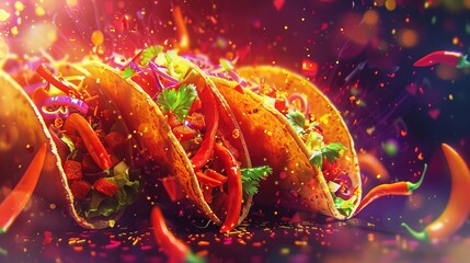 Delicious Spicy Tacos with Fresh Vegetables and Chili Peppers Vibrant Food Photography
