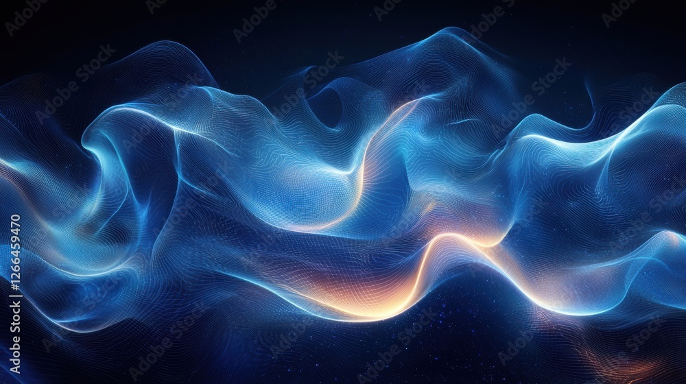 Poster abstract waves of light in blue and orange hues, creating a dynamic visual.