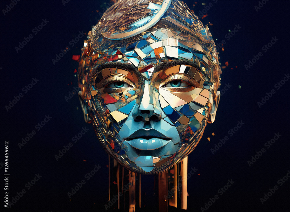 Poster abstract face formed of reflective shards stands out against a stark, dark background, creating a st