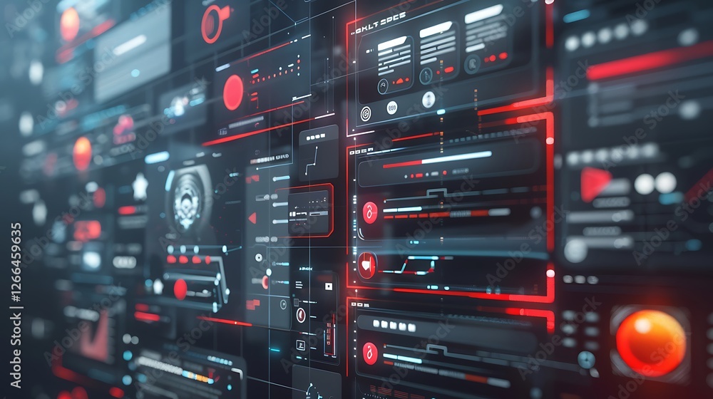 Poster abstract digital interface with red and black data streams. futuristic tech background.